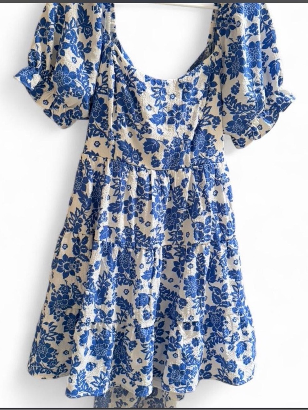 Blue Floral Backless Tiered Mini Dress
